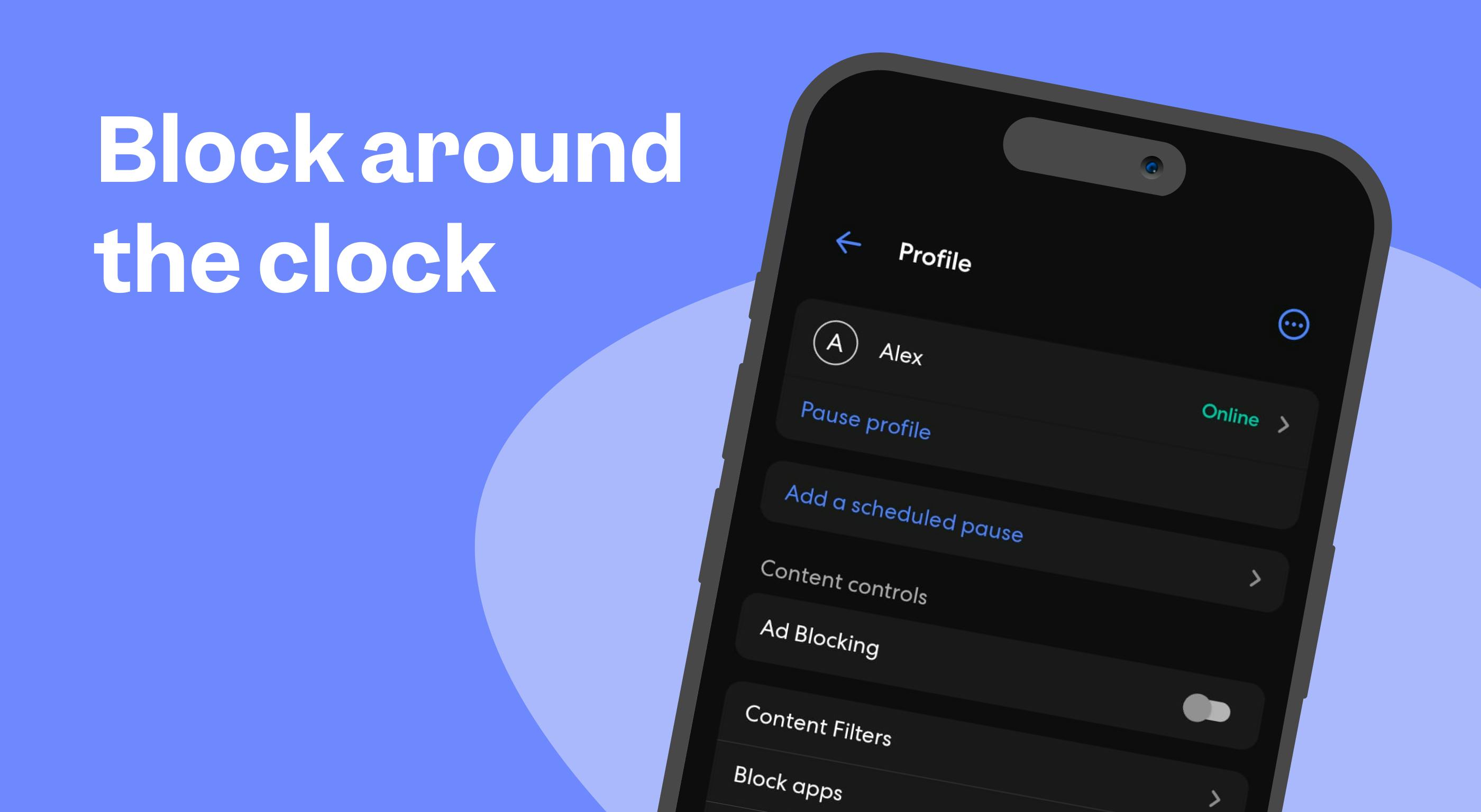 How to block content with eero. A mockup of the eero app appears next to a headline that says "block around the clock"