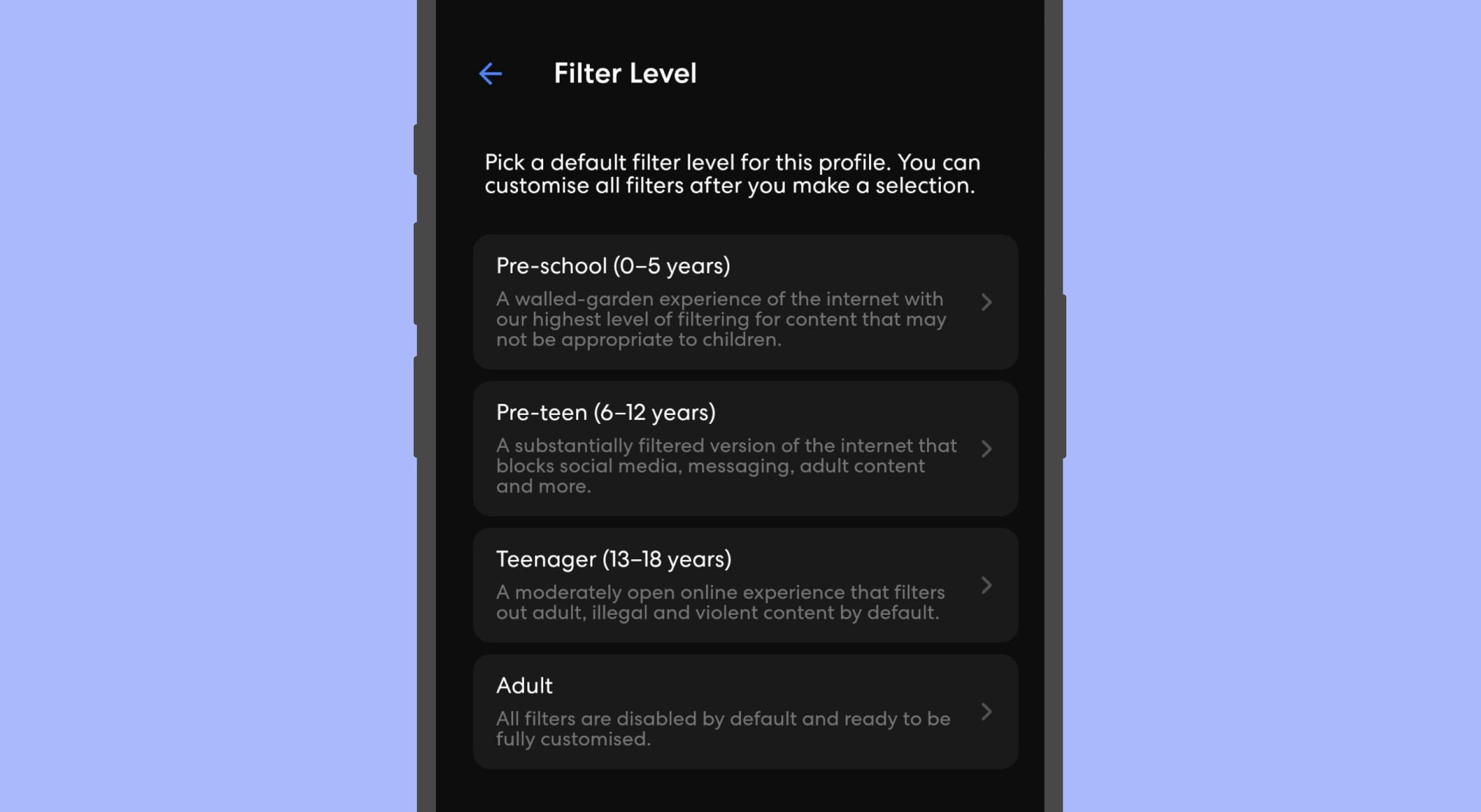 An eero app mockup shows preset content filters you can use based on the type of person using a profile. Choose from pre teen, teenager, and more