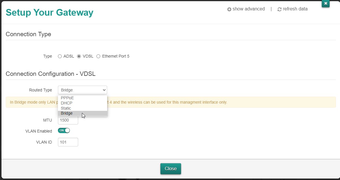 Router gateway setup VDSL