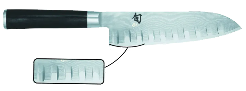 Détails d’une lame de couteau santoku alvéolé