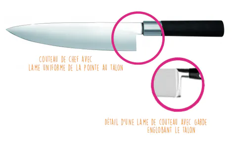 Le talon d'une lame : détails d'un couteau de chef avec et sans garde