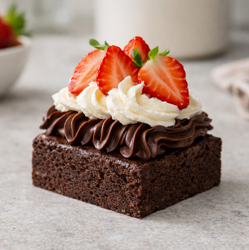 Tarte brownie chantilly ganache chocolat et fraises