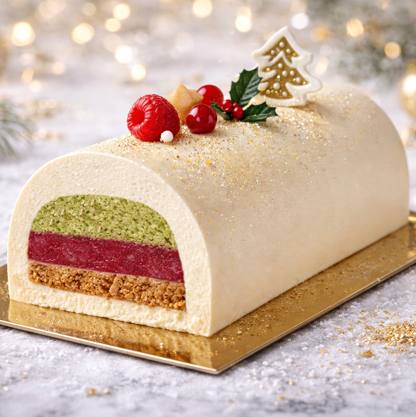 Bûche de Noël framboise pistache chocolat blanc