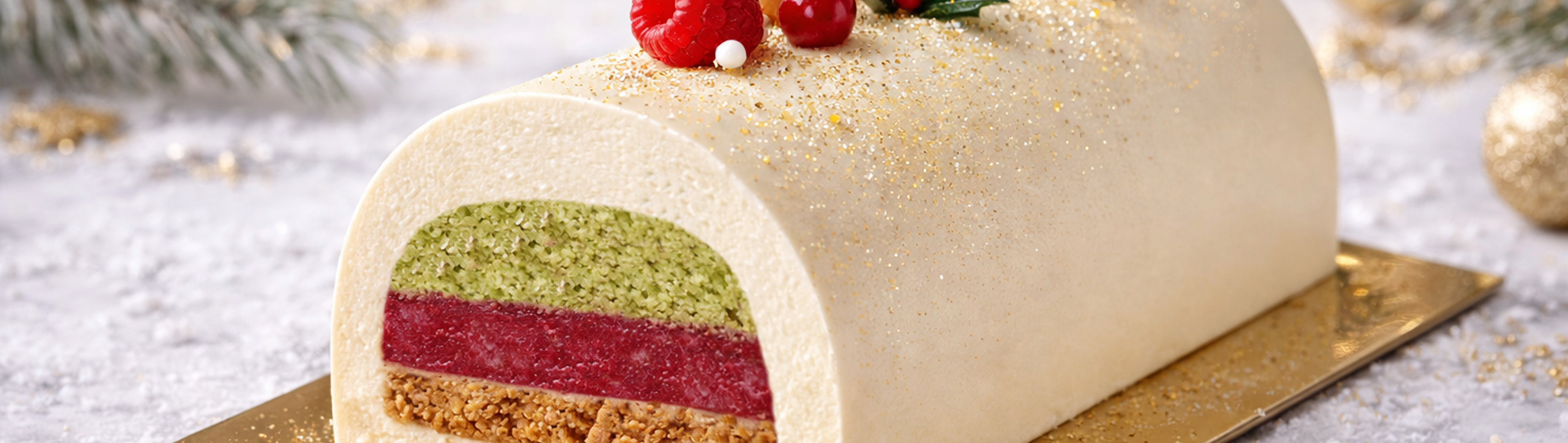 Bûche de Noël framboise pistache chocolat blanc