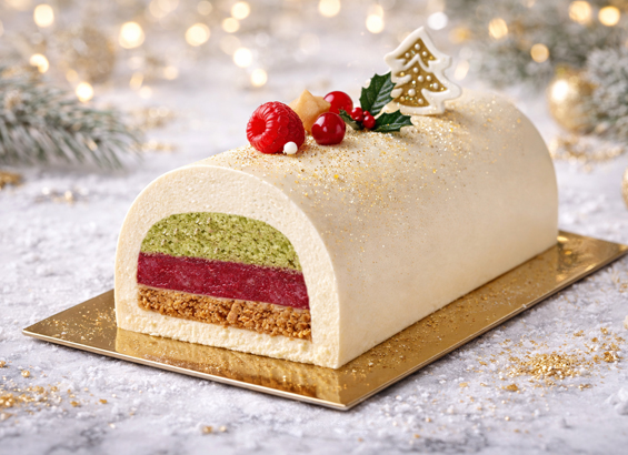 Bûche de Noël framboise pistache chocolat blanc