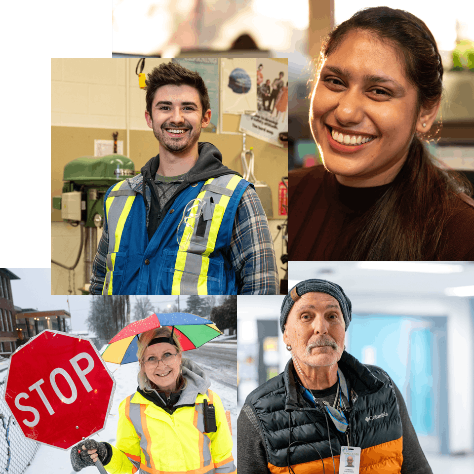 group of 4 different photos of workers. 1 worker wearing safety vest, 1 worker holding a stop sign, 1 worker smiling at camera, 1 worker wearing a work badge