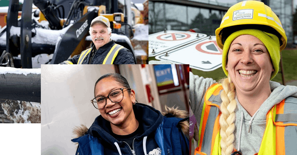 group of 3 photos of workers. 1 worker wearing a safety hat and vest, 1 worker smiling at camera, 1 worker standing in front of machinery