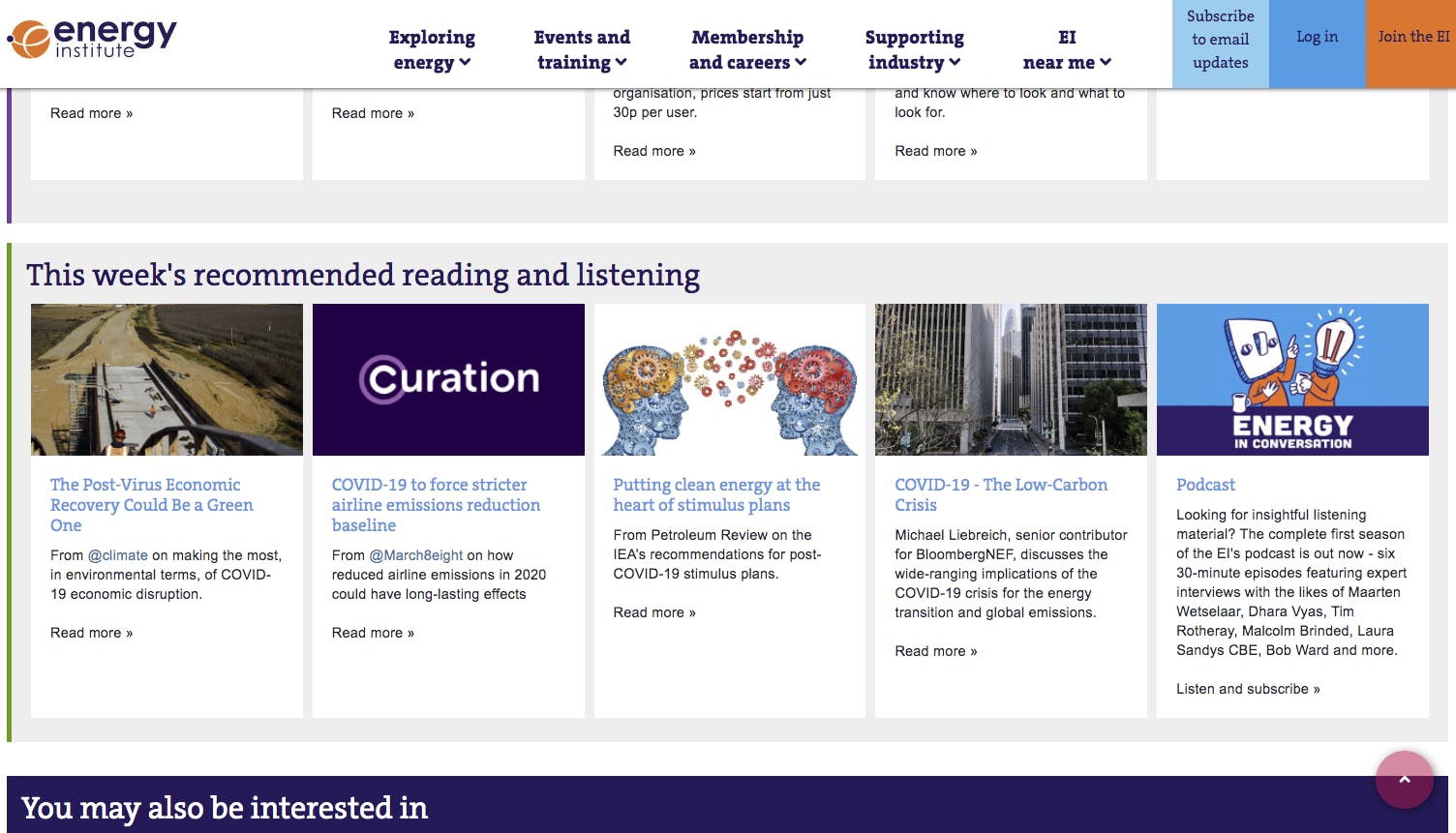 Curation features in Energy Institute's weekly recommended COVID-19 reading