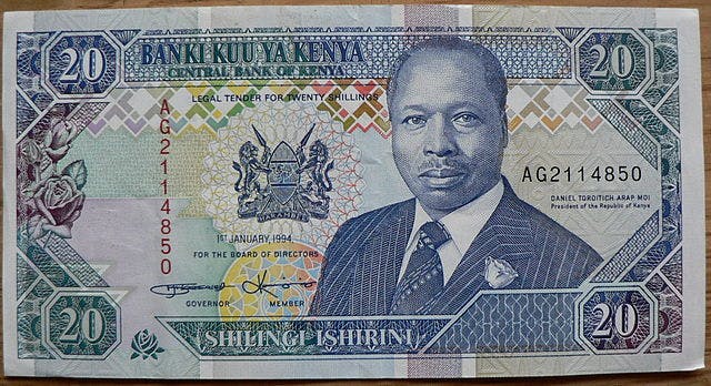 Kenyansk 20 shilling sedel, valuta Kenya 