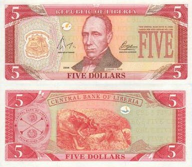 Liberiansk 5 dollar sedel, valuta i Liberia 