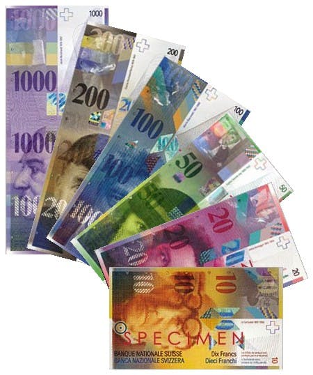 Schweiziska franc sedlar, valuta Schweiz