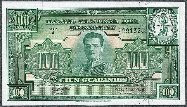 Guarani 100 sedel, valuta Paraguay 