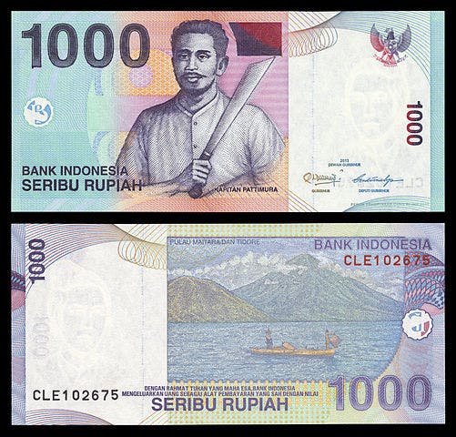 Indonesisk Rupie 1000 sedel, valuta Indonesien