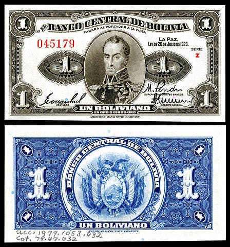 Boliviano sedlar, valuta i Bolivia