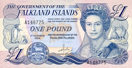 Falklandpund one pound sedel, valuta Falklandsöarna 
