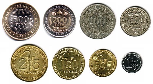 Västafrikanska franc mynt, valuta Västafrika 