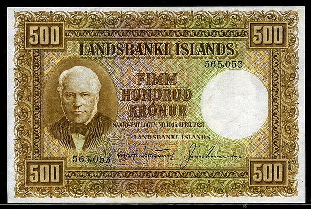 Isländsk 500 kronors sedel, valuta Island 