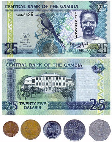 Dalasi sedlar och mynt, valuta Gambia 
