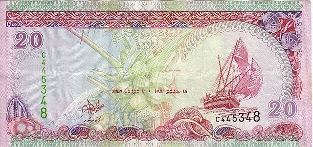 Maldivisk 20 Rufiyah sedel, valuta Maldiverna 