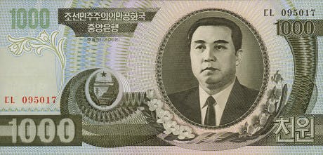Nordkoreansk 1000 won sedel, valuta Nordkorea 