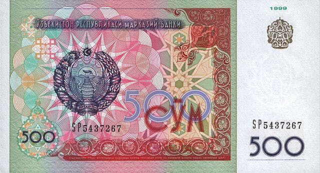 Uzbekistansk 500 som sedel, valuta Uzbekistan 