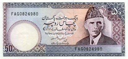 Pakistansk 50 rupie sedel, valuta Pakistan 