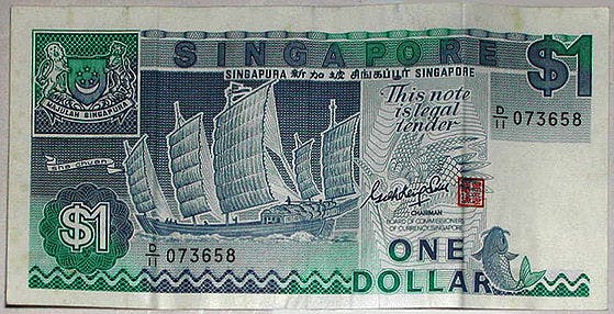Singapore 1 dollars sedel, valuta Singapore 