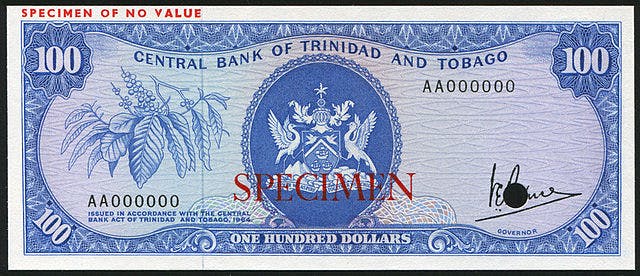 Trinidad 100 dollar sedel, valuta Trinidad och Tobago