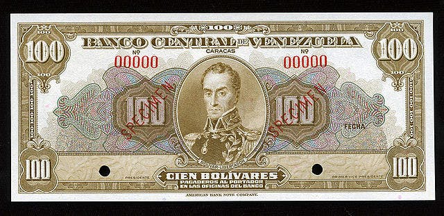Venezuelansk 100 bolivar fuerte sedel, valuta Venezuela 