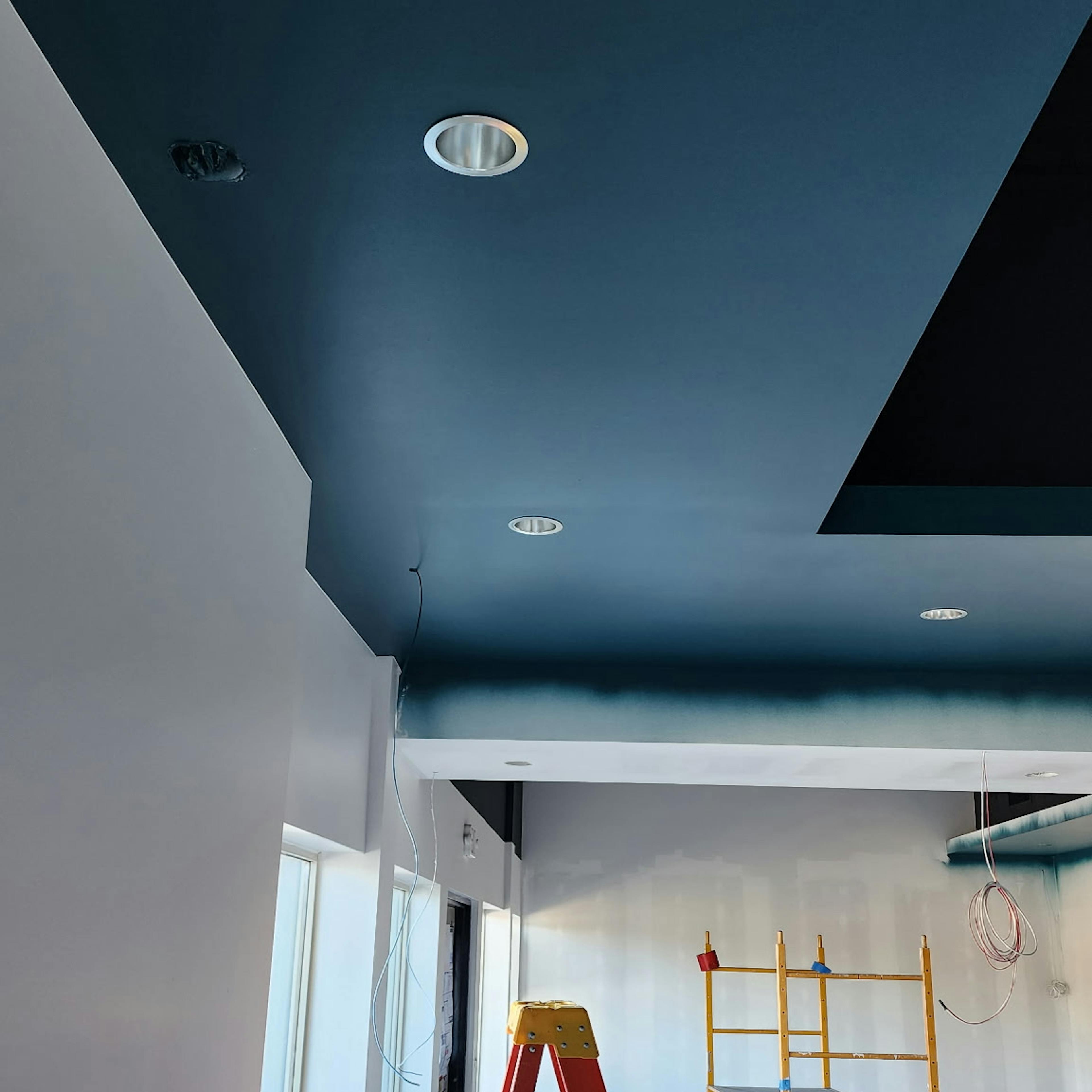 Room with ladder and painted ceiling