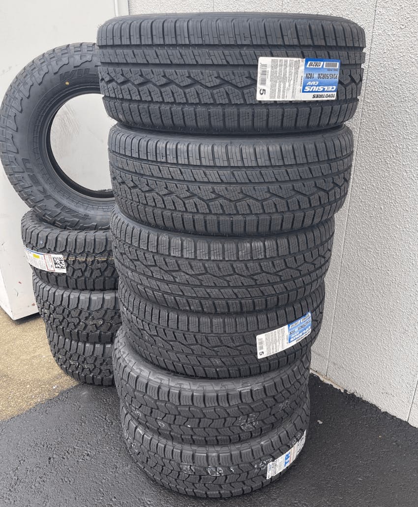 a stack of new tires