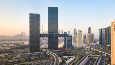 One Za'abeel above a busy highway in Dubai