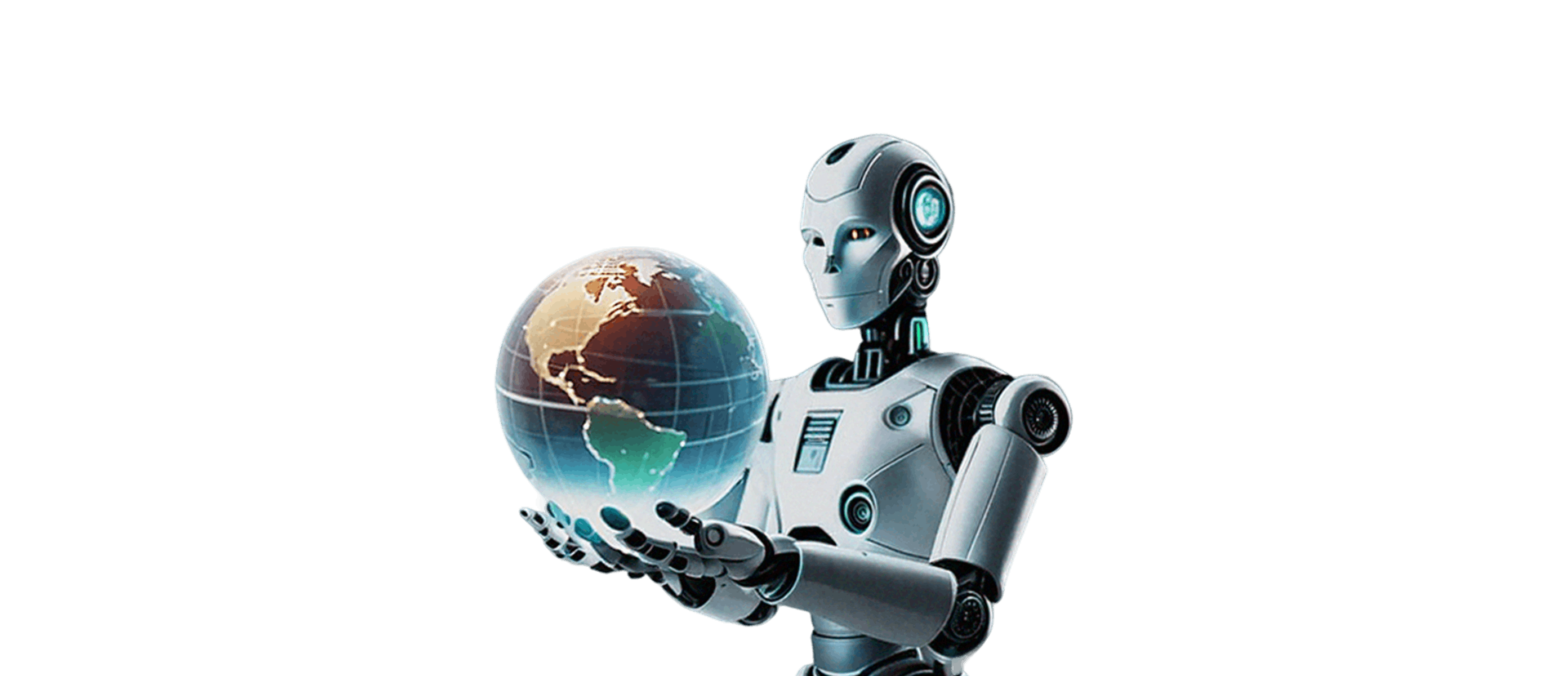 In the picture - robot holding a model of the planet earth