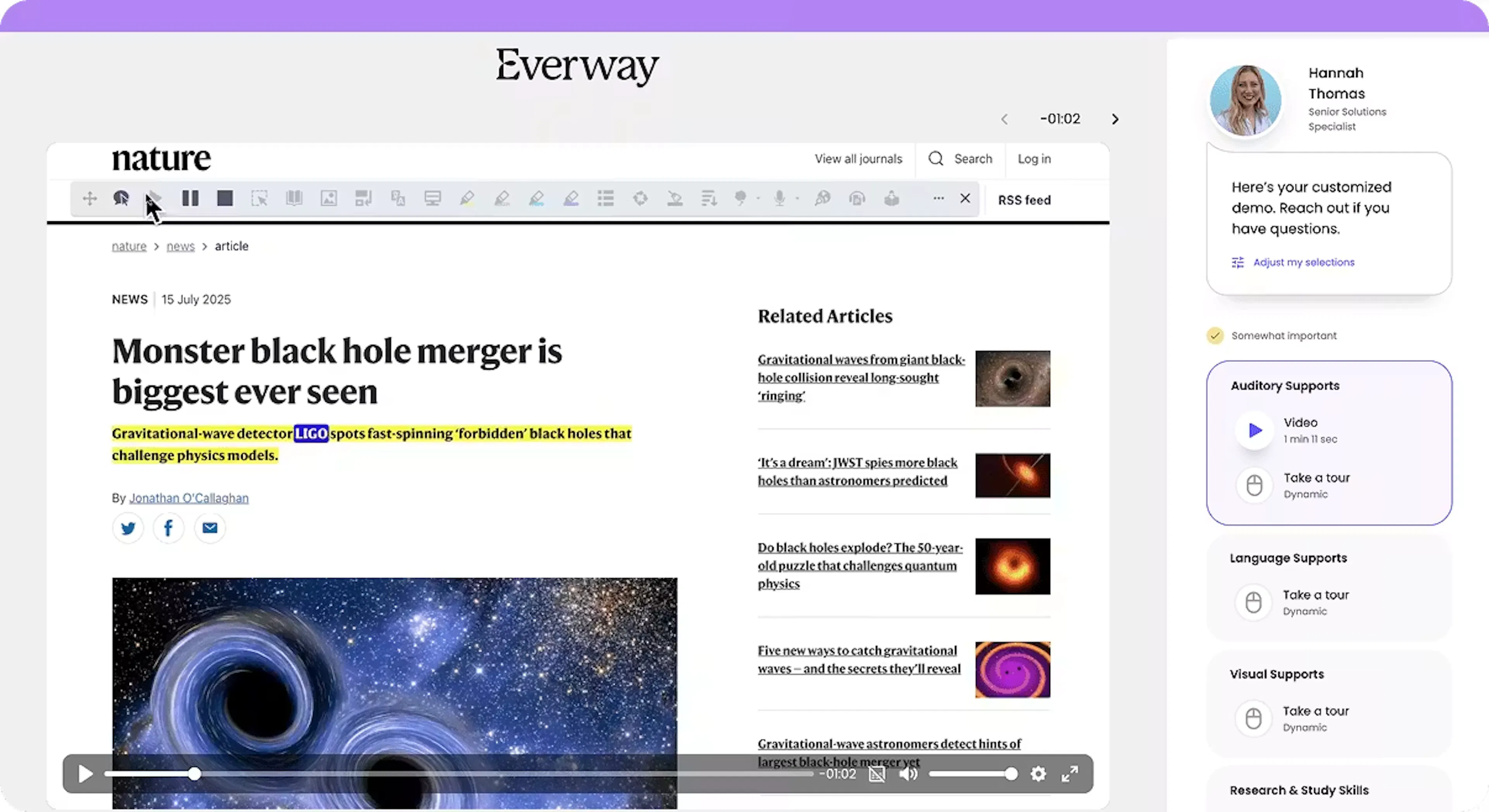 Interface showing a Nature article on a black hole merger alongside a sidebar with a guided demo, support options, and a user profile.