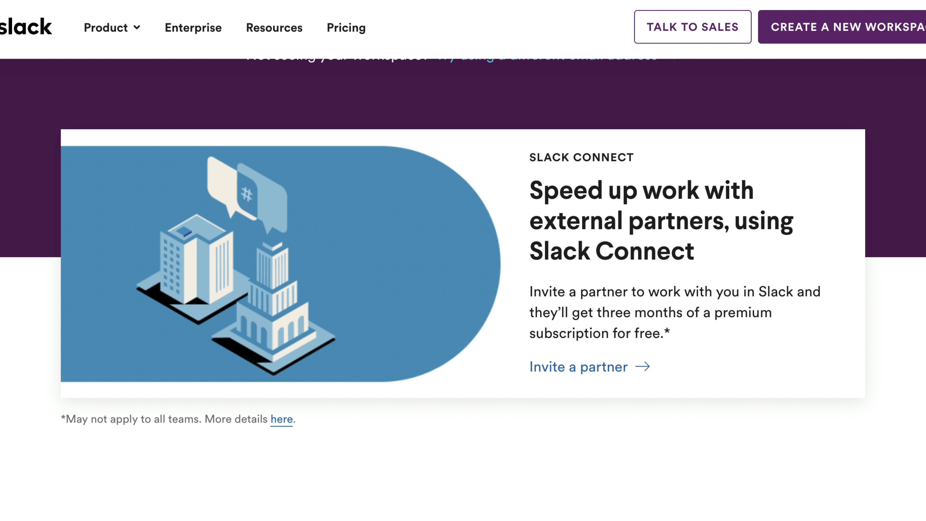 A screenshot from a Slack marketing page. It shows an illustration of two small buildings with speech bubbles above them, as if talking to eachother. A paragraph next to is titled "Speed up work with external partners, using Slack Connect"