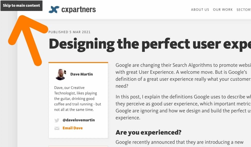 The current page with a big orange arrow pointing towards the Skip to main content button