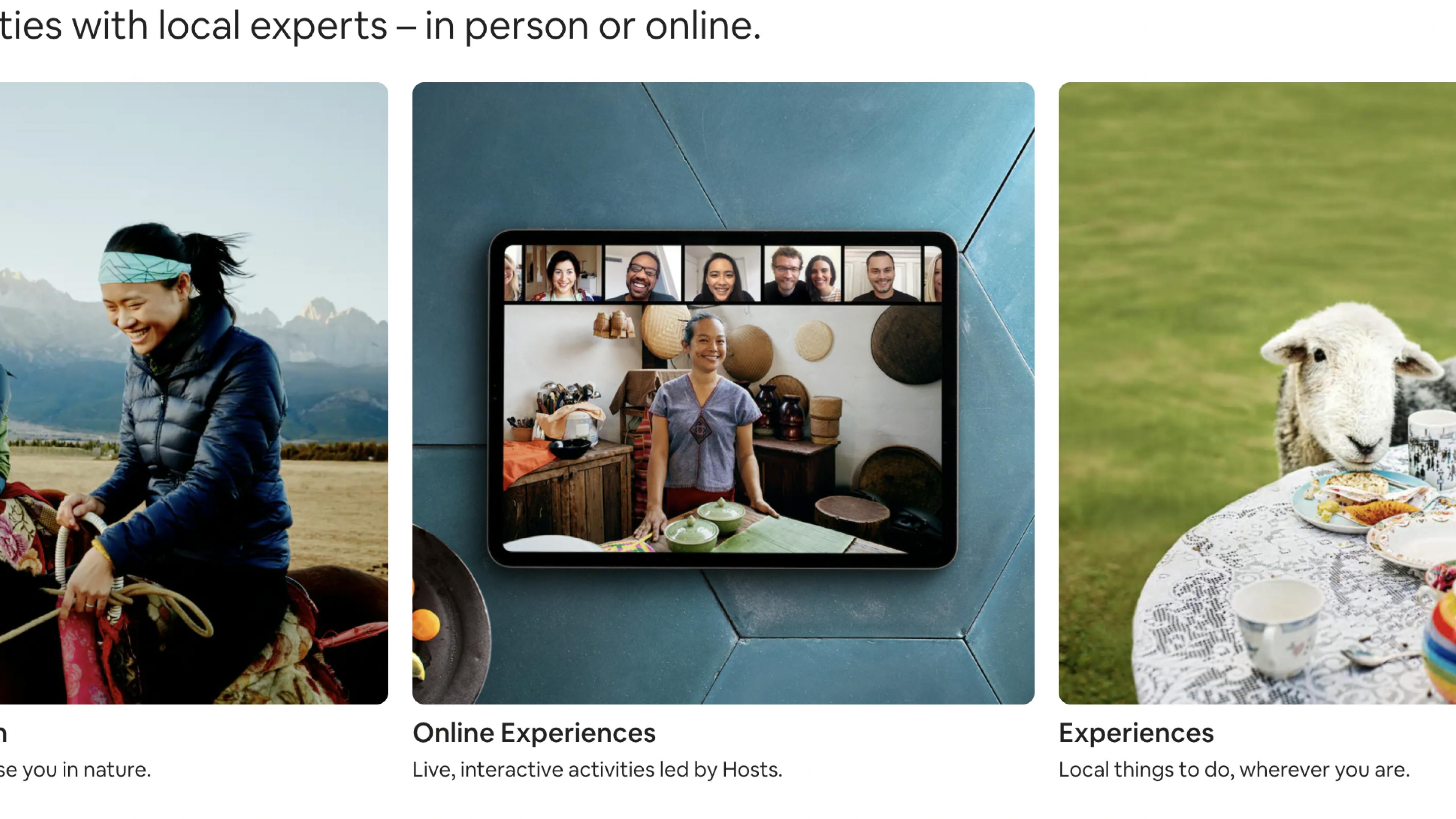A screenshot from Airbnb that shows a photograph of an online class on an iPad. It’s labelled ‘Online Experiences