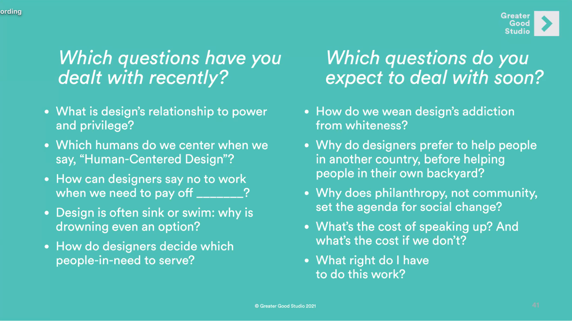 Key slide from George's talk whichh questions 'Which questions have you dealt with recently?' and 'Which questions do you expect to deal with soon?'