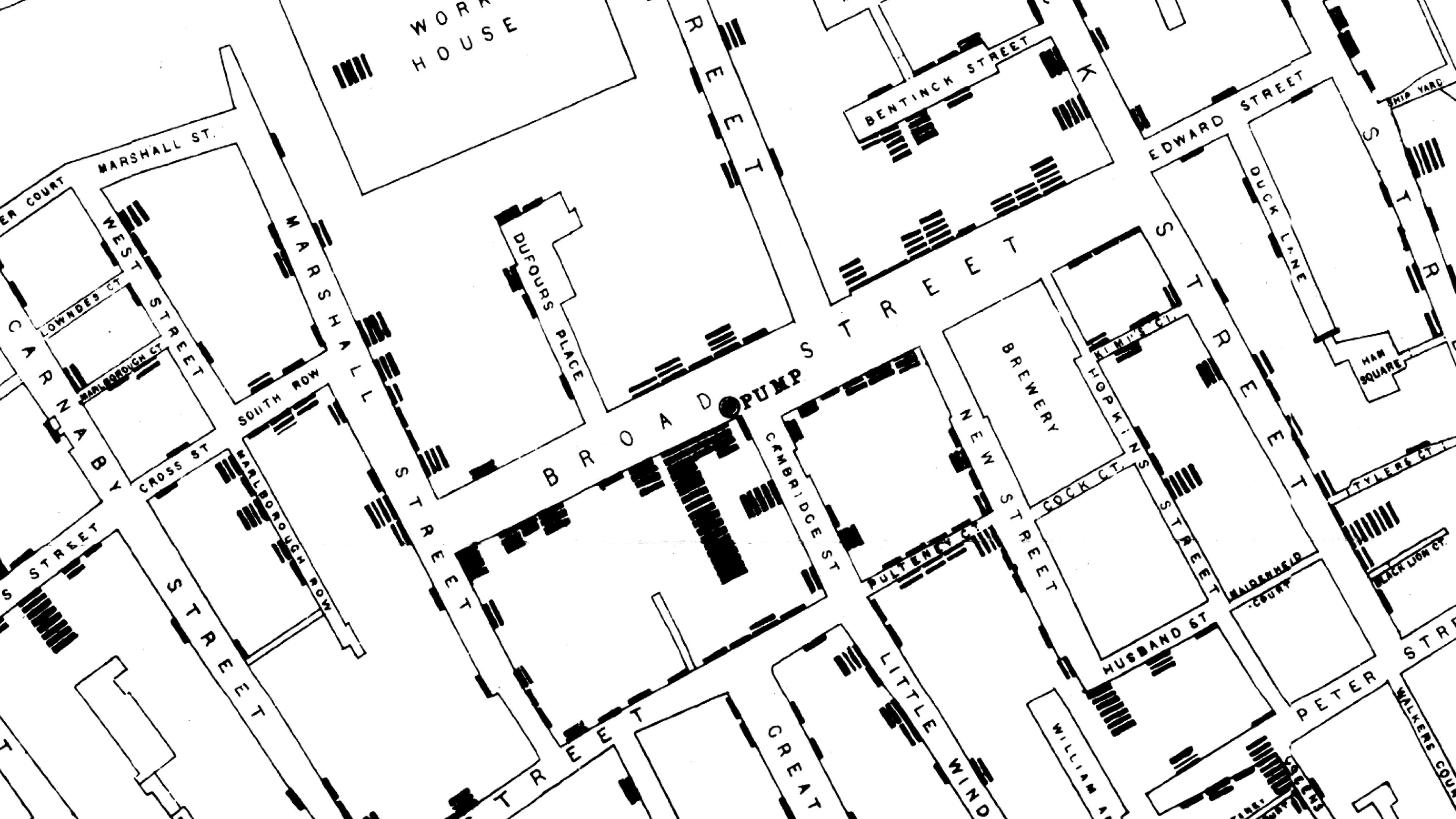 John Snow’s dot map showing the location of deaths around the Broad Street pump
