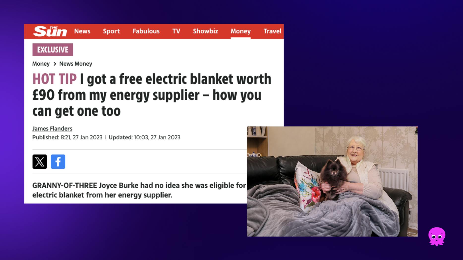 Screenshot of a news article about free electric blankets from Octopus Energy