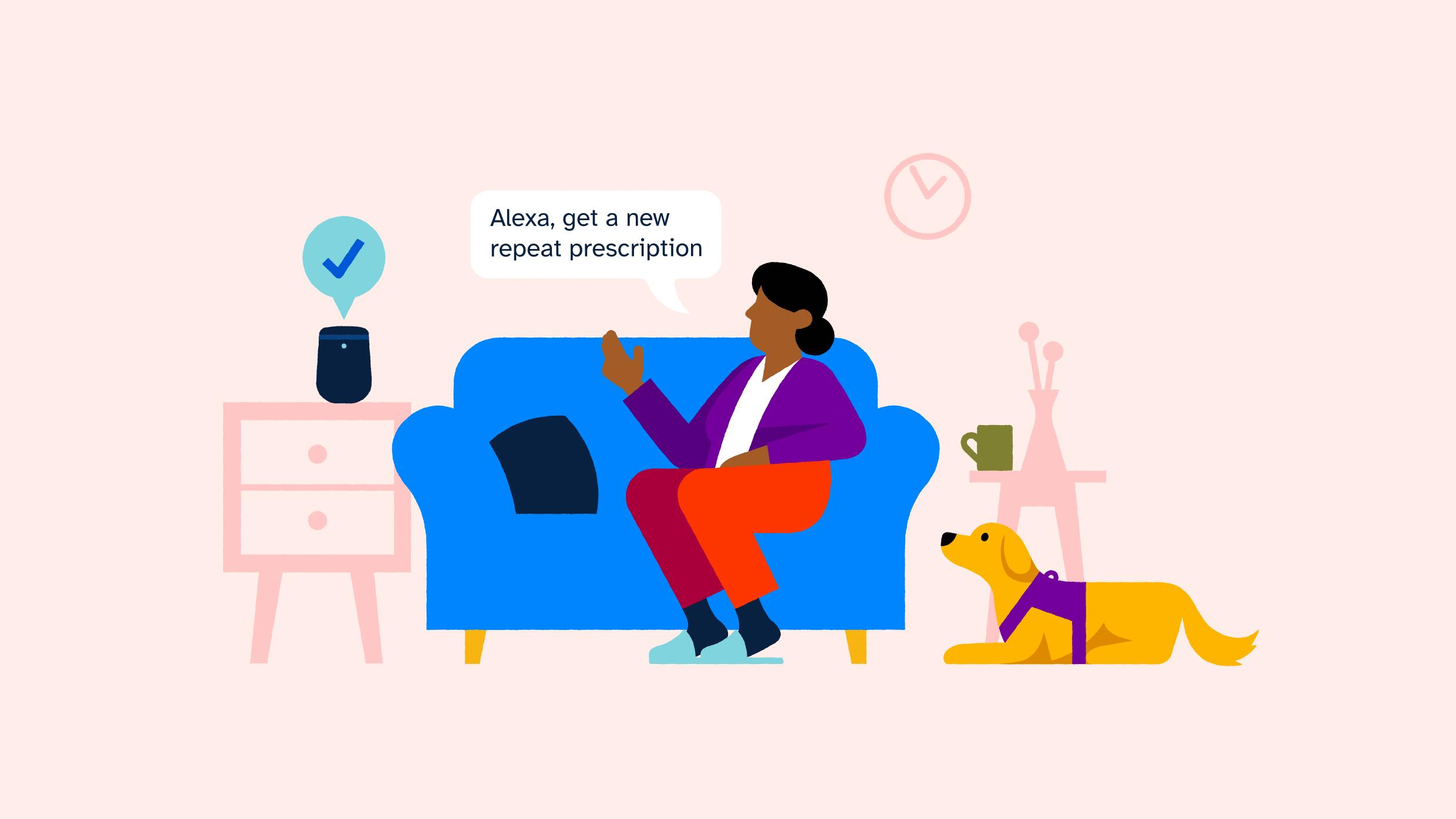 Woman sat on a sofa next to an Alexa speaker saying "Alexa, get a new repeat prescription"