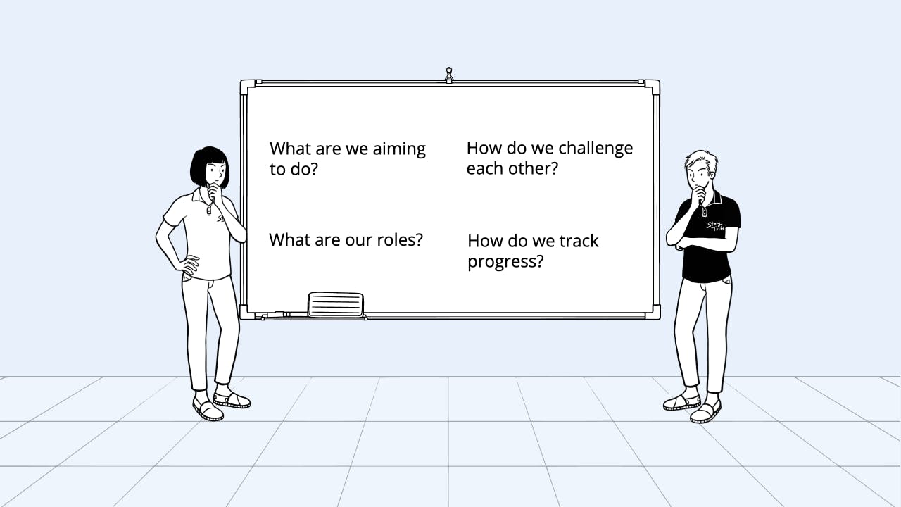 Team design workshop. Whiteboard that reads: What are we aiming to do? What are our roles? How do we track progress? How do we challenge each other?