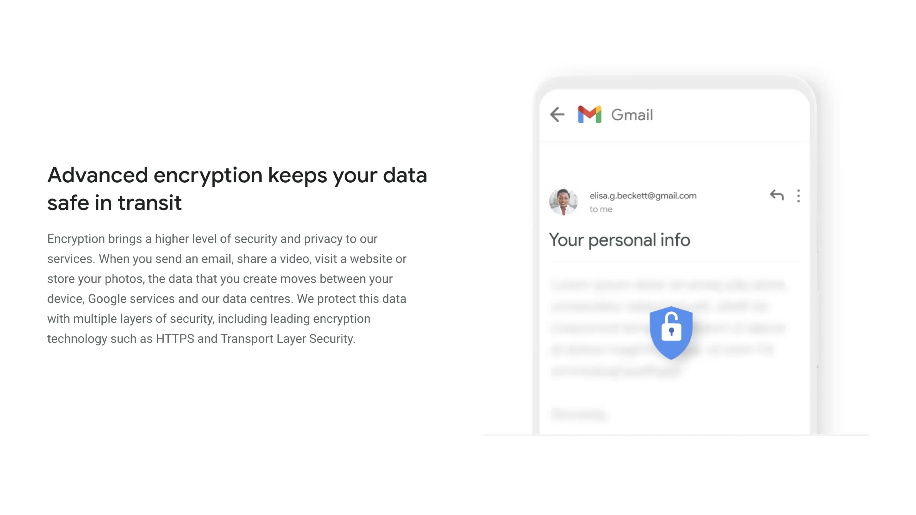 A screenshot from a Google site. An illustration of a padlock appears over a phone. A paragraph next to it is titled "Advanced encryption keeps your data safe in transit"