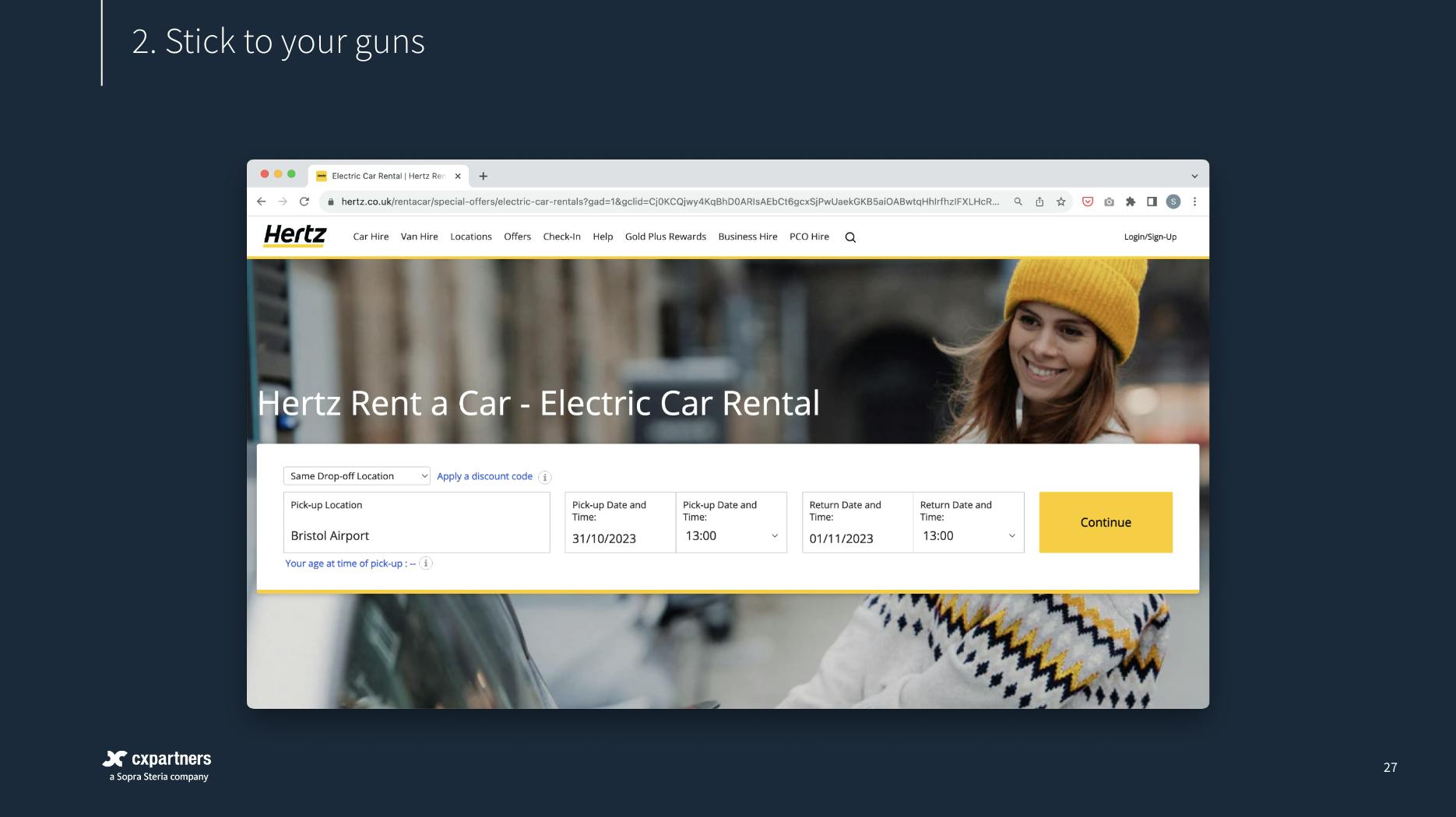 Screenshot of Hertz’s electric vehicle (or EV) rental service website page.