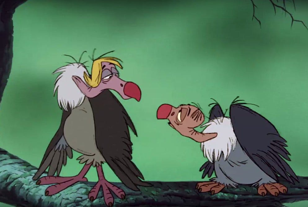 Screenshot from The Jungle Book (1967) movie - The Vultures saying "what are we gonna do?"