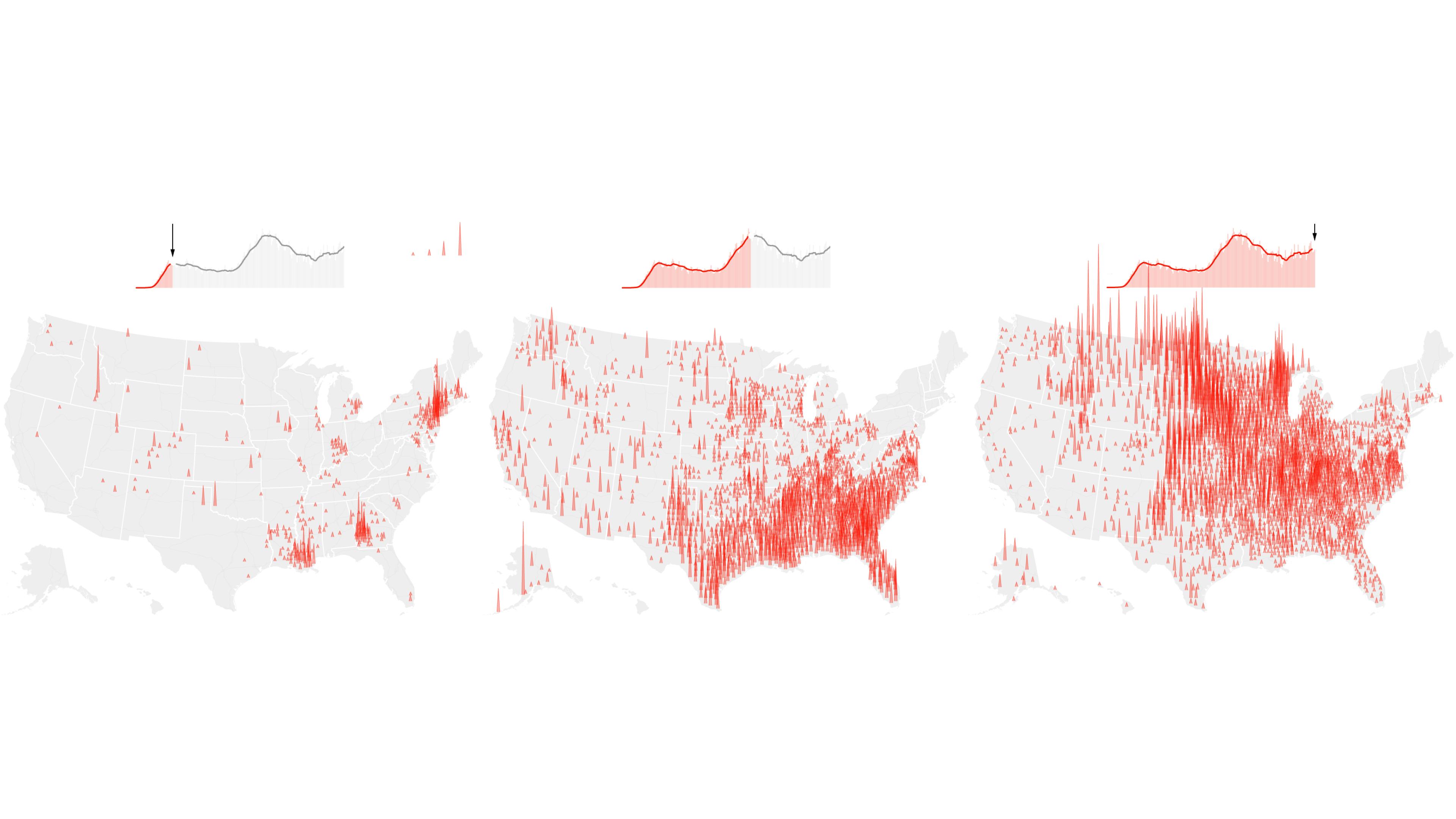 Three maps of the US. Red triangles show the location of Coronavirus infections, with their height showing the scale