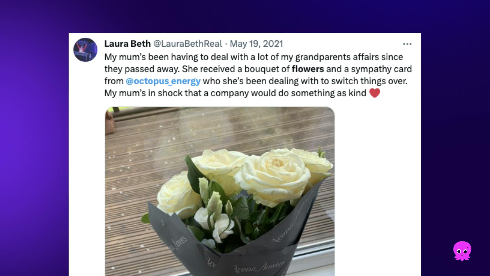 Screenshot of a tweet about Octopus energy sending flowers to a customer.