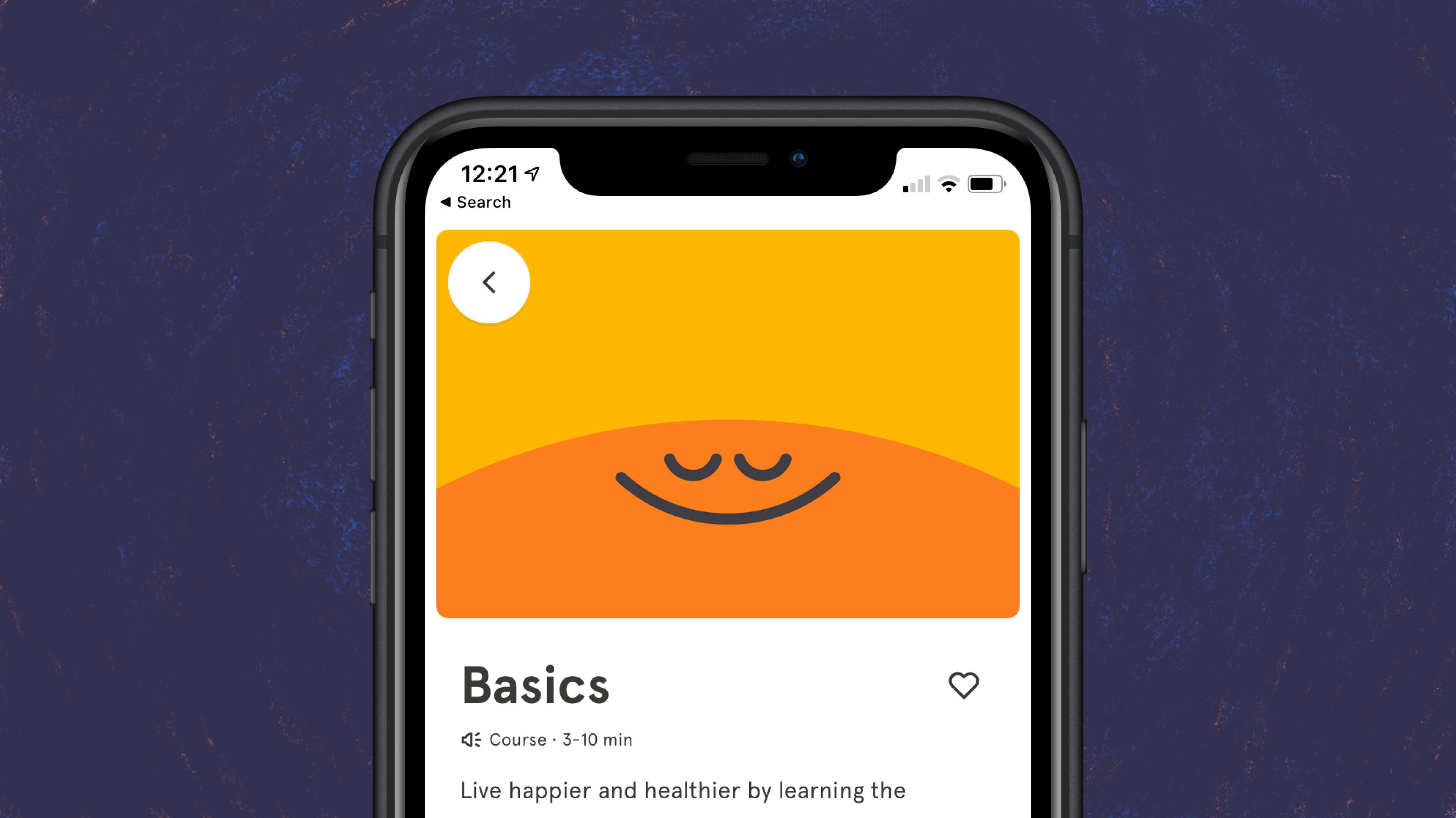 A screenshot of the Headspace app showing an illustration of a smiling character