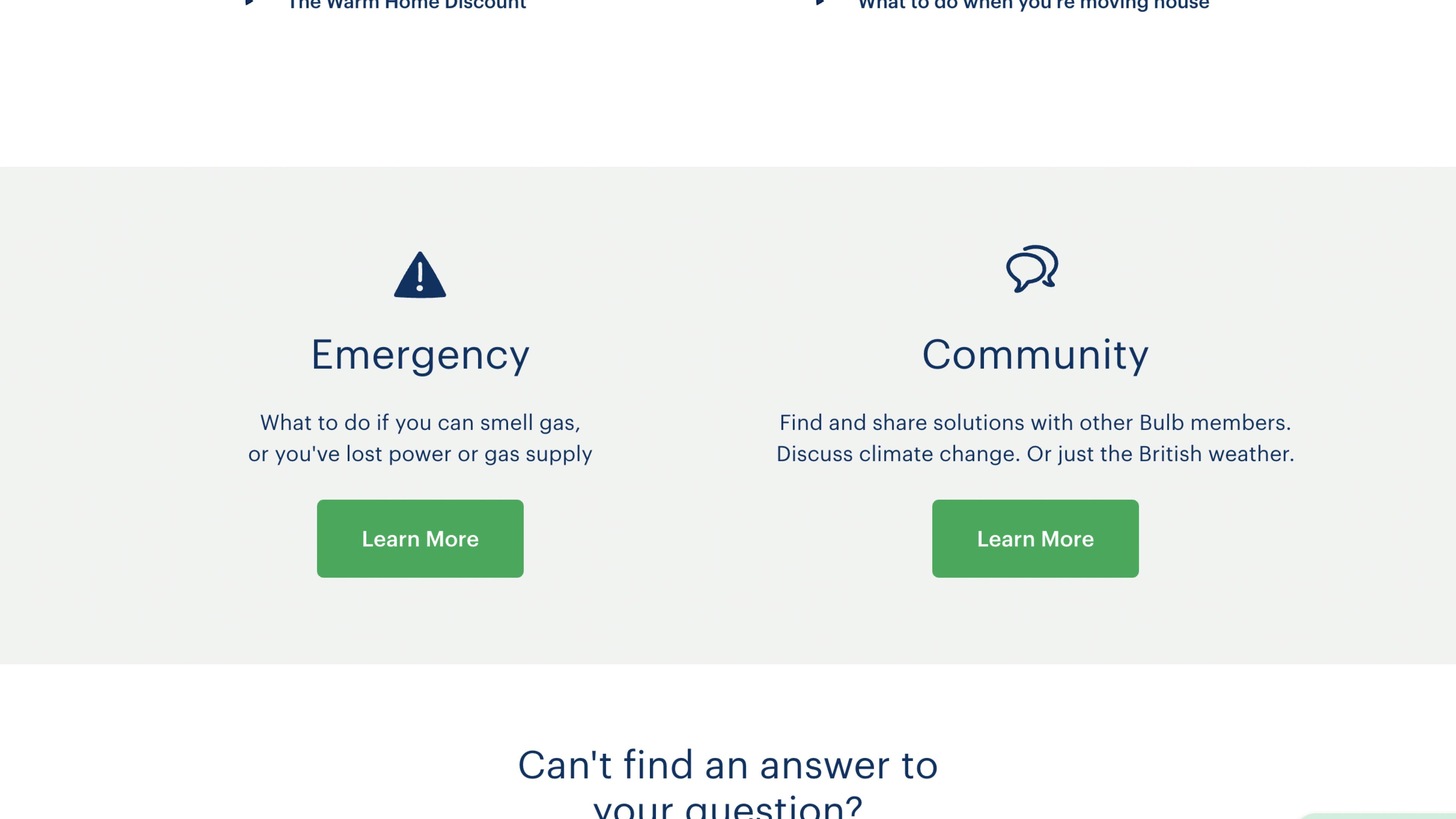 A screenshot from Bulb’s website. It shows an exclamation mark in a triangle next to a paragraph titled "Emergency" and a speech bubble next to a paragraph titled "Community"