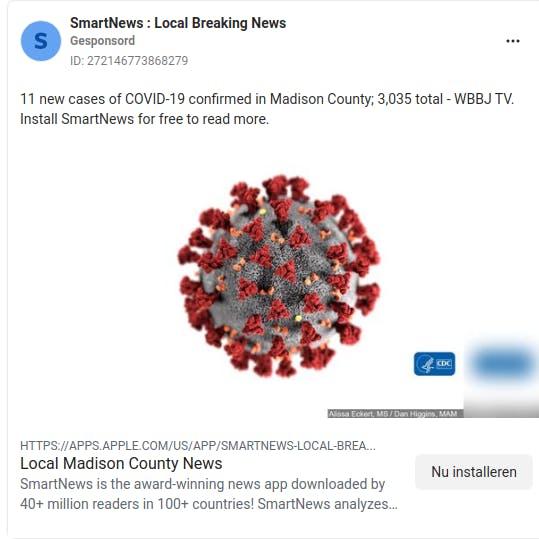 An ad from the page "SmartNews : Local Breaking News". The ad reads: "11 new cases of COVID-19 confirmed in Madison County; 3,035 total - WBBJ TV. Install SmartNews for free to read more.".